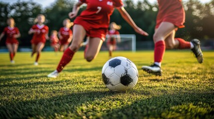 High school girls soccer team playing match, showcasing teamwork and athleticism on field. focus is on ball as players sprint towards it, capturing excitement of game