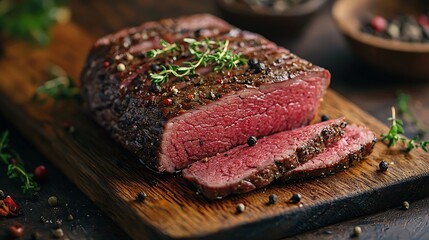 Roasted beef pastrami on cutting board Wooden background : Generative AI