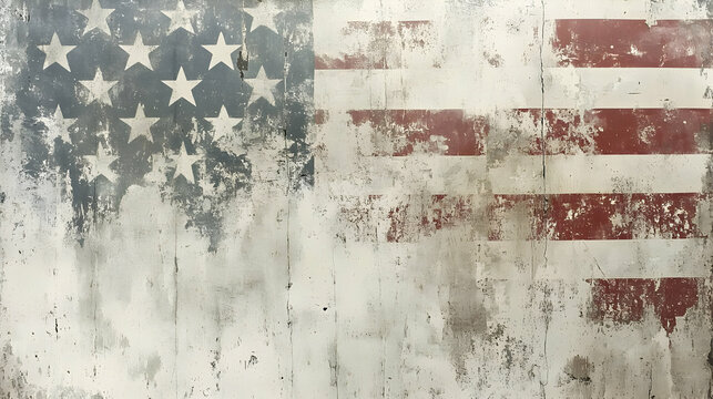 Weathered American Flag on Concrete Wall.