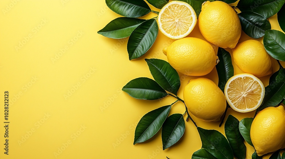 Poster fresh lemons on yellow background copy space top view : generative ai