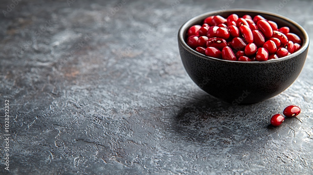 Poster red kidney beans in a black bowl on grey stone background close up top view : generative ai