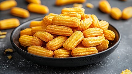 Churros snack on black plate Grey background Close up : Generative AI