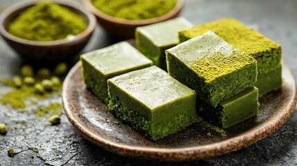 Matcha green tea cake bars brownie with white chocolate on a plate Grey stone background : Generative AI