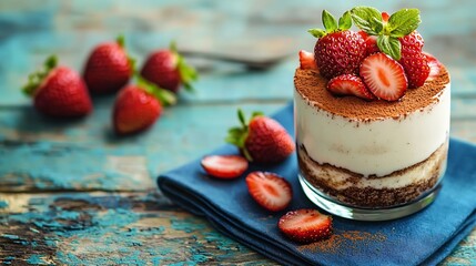 Tiramisu traditional Italian dessert with strawberry on a blue napkin : Generative AI