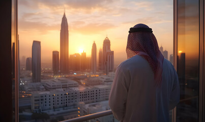 Man Looking Out Over Cityscape at Sunset.