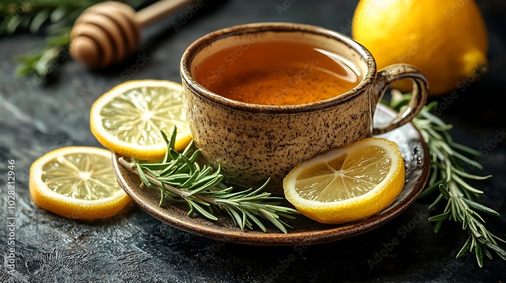 Poster tea cup with rosemary honey and lemon grey background close up copy space : generative ai