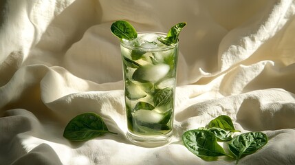 Ice green tea in glass with fresh leaves on white textile background : Generative AI