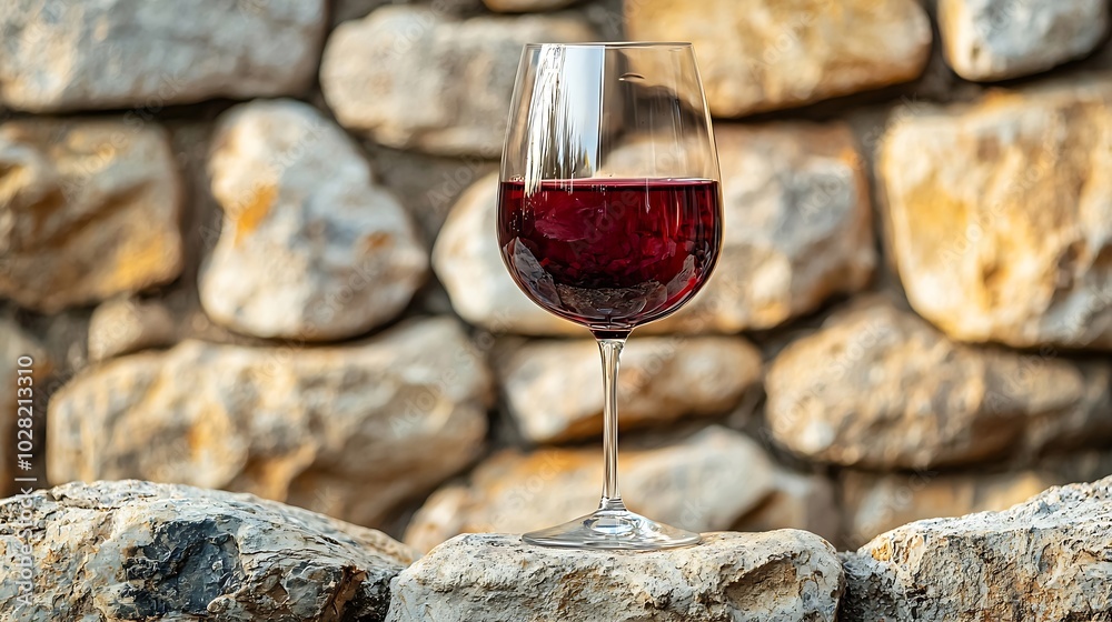 Poster glass of red wine on stone wall background copy space : generative ai