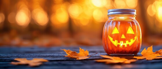 Jack-o'-lantern in a jar on a wooden table surrounded by autumn leaves, glowing softly in the warm light.