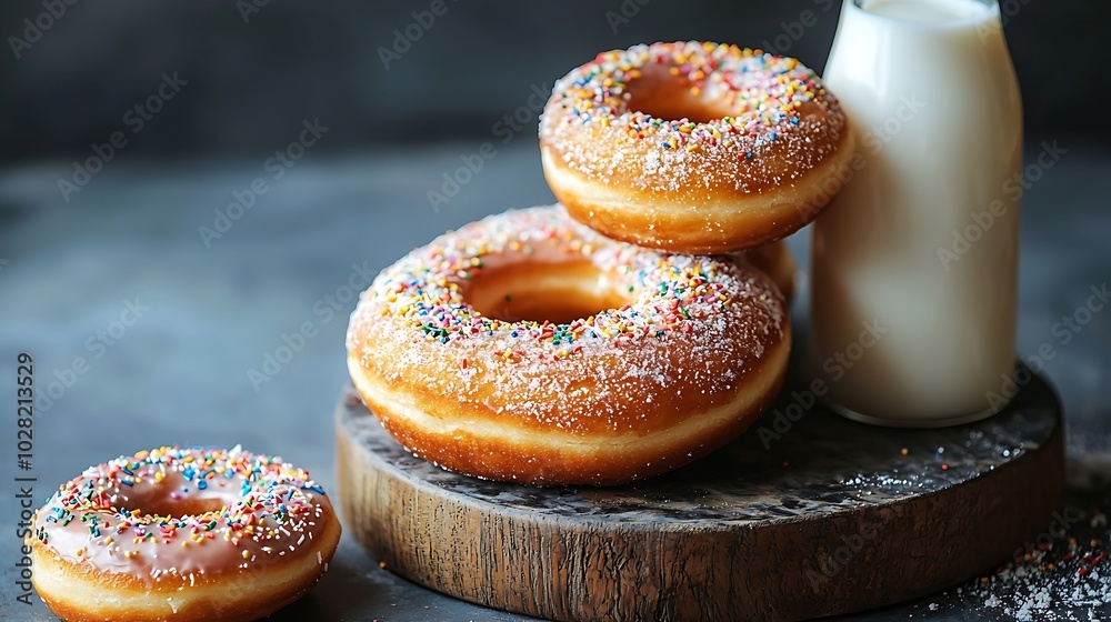 Poster donuts with bottle of milk on marble table grey background copy space : generative ai