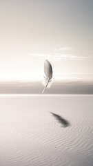 Vertical split image of a white feather falling over desert landscape