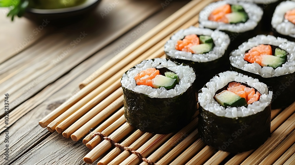 Poster Sushi roll bamboo mat with chopsticks Grey background Top view Copy space : Generative AI