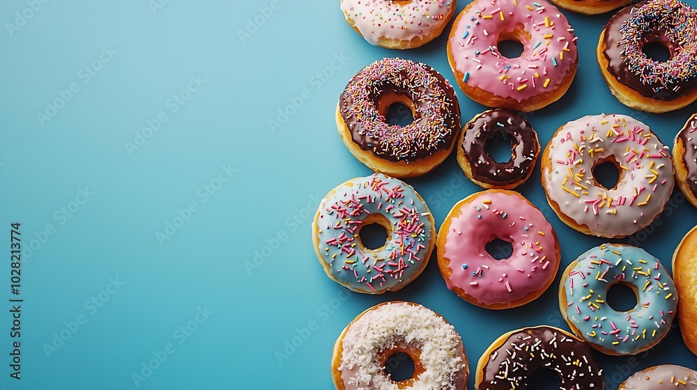 Aufkleber assortment of donuts on blue background copy space top view : generative ai