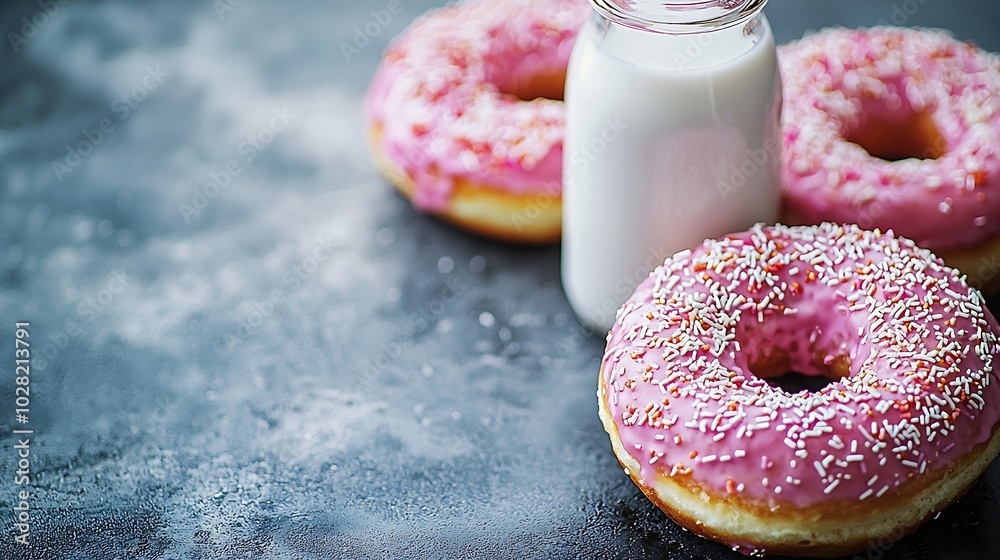 Poster donuts with bottle of milk on marble table grey background close up : generative ai