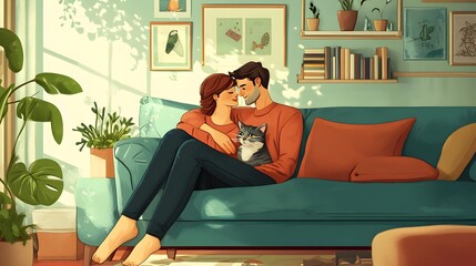 Obraz premium Affectionate Couple Relaxing on Cozy Sofa in Stylish Living Room
