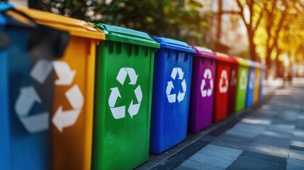 Colorful recycling bins line city sidewalk, promoting eco friendly practices and sustainability. vibrant colors and clear recycling symbols encourage responsible waste disposal