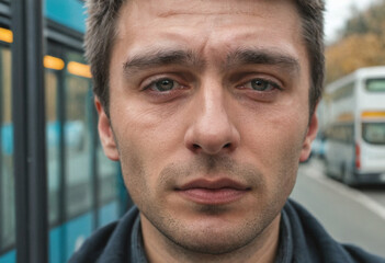 Obraz premium Getting off the bus or tram on the outskirts of town or in the countryside, unmotivated because of dreary everyday life