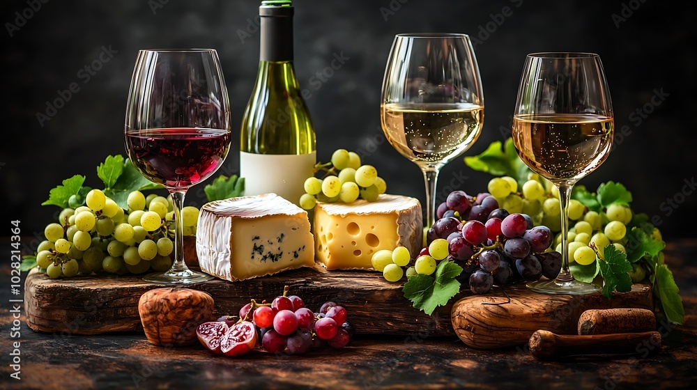 Poster assortment of cheese grapes with red and white wine in glasses stone and wood background close up co