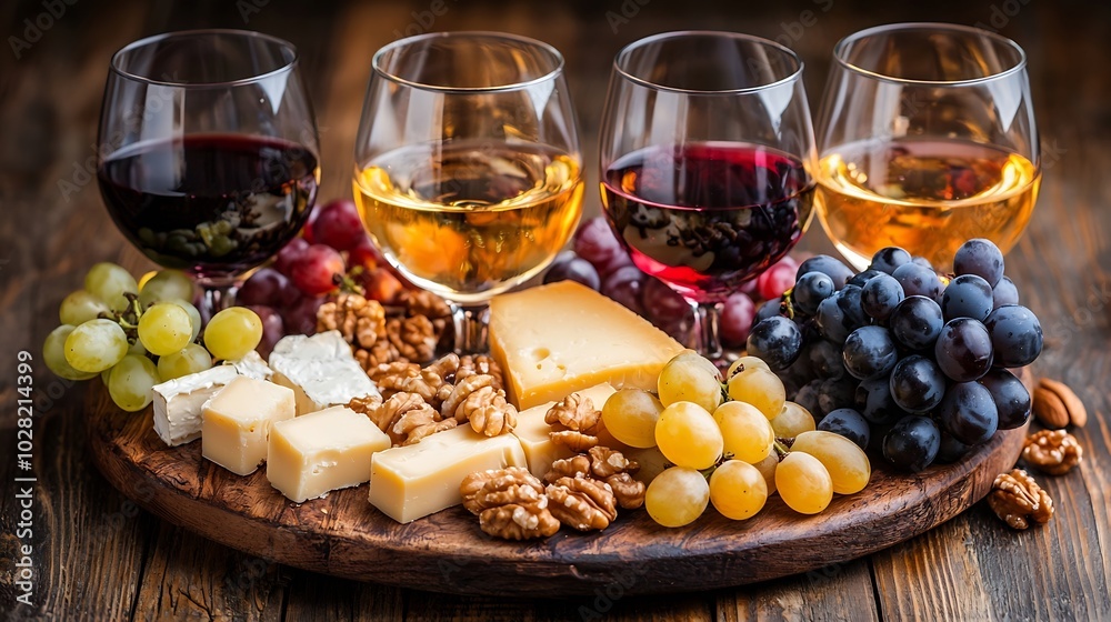 Poster cheese plate with honey nuts and grape and white and red wine in glasses on a wooden background : ge