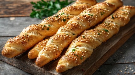 Cheese bread sticks with sesame seeds on a grey wooden background Selective focus : Generative AI