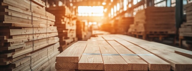 Lumber warehouse with stacked wooden planks, sunlight streaming through windows, creating warm atmosphere. organized space showcases various wooden materials ready for use