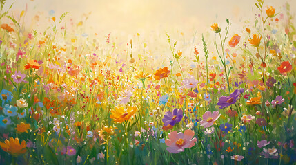 A vibrant collection of wildflowers in various colors and shapes, scattered across a meadow, with soft sunlight filtering through the background 