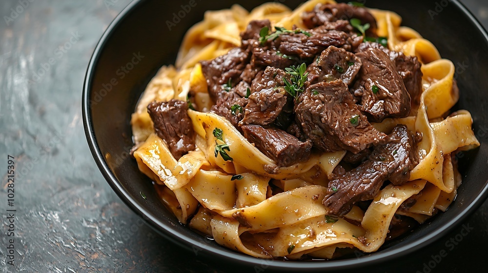 Poster pasta pappardelle with beef ragout sauce in black bowl grey background copy space top view : generat