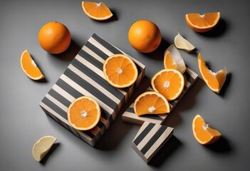 A bowl filled with oranges and a black and white striped box next to it