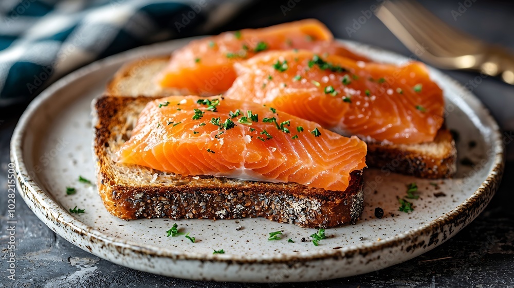 Poster sandwich toast with smoked salmon and cream cheese on white plate with scottish flag grey background