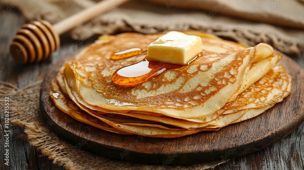 Poster Thin crepes or pancakes with butter honey and sour cream on a rustic textile background : Generative AI