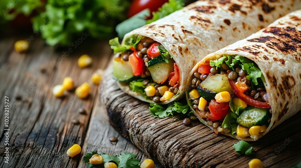 Poster vegan tortilla wrap roll with grilled vegetables and lentil and boiled corn cob on a wooden backgrou