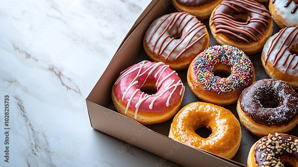 Poster Assortment of donuts in a box on marble table background Top view : Generative AI