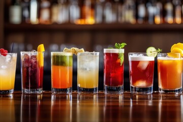 Colorful cocktails in glasses lined up on bar, showcasing variety of vibrant drinks. Each glass features unique garnishes, creating inviting and festive atmosphere
