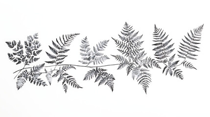 Black and white illustration of delicate fern leaves, with intricate line details against a clean white background for a minimalist botanical art piece 