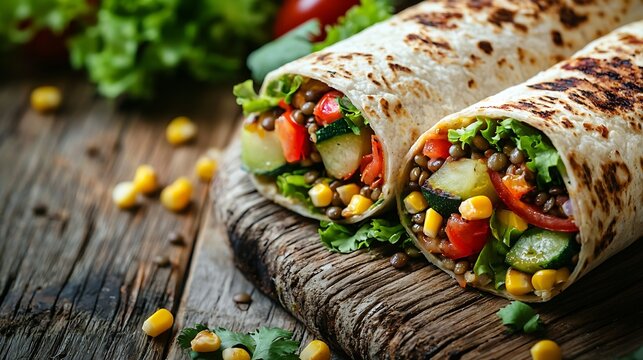 Vegan tortilla wrap roll with grilled vegetables and lentil and boiled corn cob on a wooden background : Generative AI