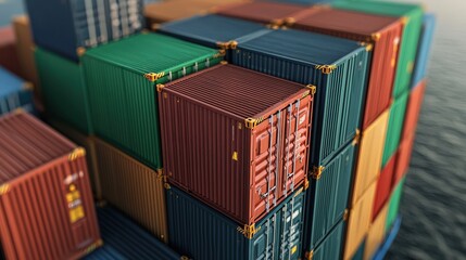 Fototapeta premium Stacked Shipping Containers on Cargo Ship Global Trade Logistics and Transportation