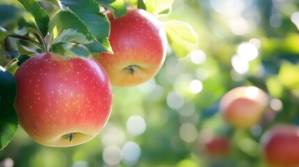 Close-up of Red Apples Hanging on a Branch with Green Leaves and a Bokeh Background