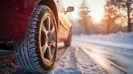Naklejka premium car with winter tires drives on snowy road during sunny day, showcasing beauty of winter landscapes. scene captures essence of winter driving
