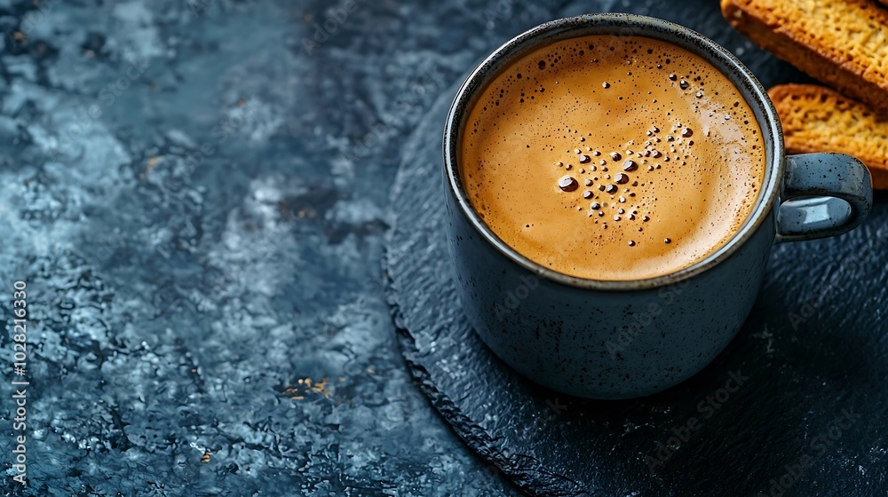 Poster coffee espresso in cup with biscotti cookies on black marble background close up top view : generati