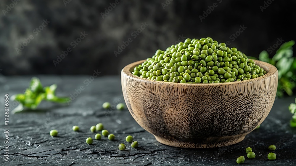 Poster mung bean green moong dal in wooden bowl copy space grey slate background : generative ai