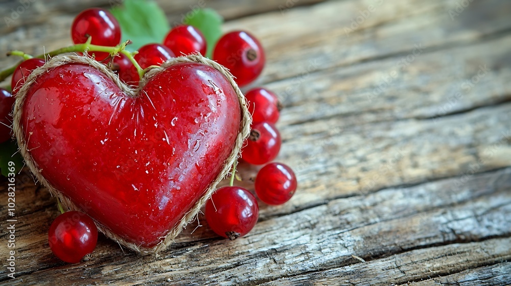 Aufkleber String heart with red currants on a wooden table : Generative AI