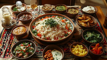 Traditional Georgian Feast with Rice and Various Dishes.