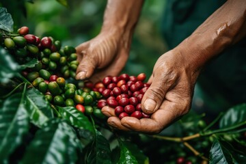 Harvesting coffee beans is labor intensive process, showcasing hands of farmer holding ripe red coffee cherries alongside unripe green ones. image captures essence of coffee cultivation and