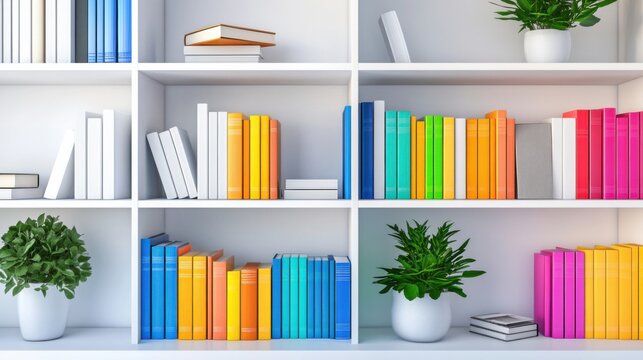 Colorful books on white bookshelves create vibrant library atmosphere, showcasing variety of book colors and plants that enhance lively environment