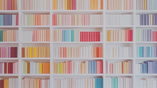 Colorful books on white bookshelves create vibrant and inviting atmosphere in library, showcasing variety of hues and organized neatly. This arrangement inspires creativity and love for reading