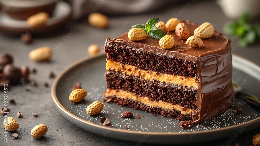 Poster chocolate caramel peanut cake snickers on a plate grey background copy space : generative ai
