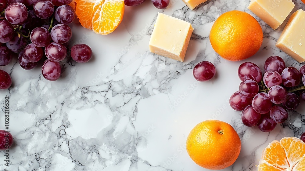 Poster Cheese with washed orange rind with grape Marble table background Top view : Generative AI