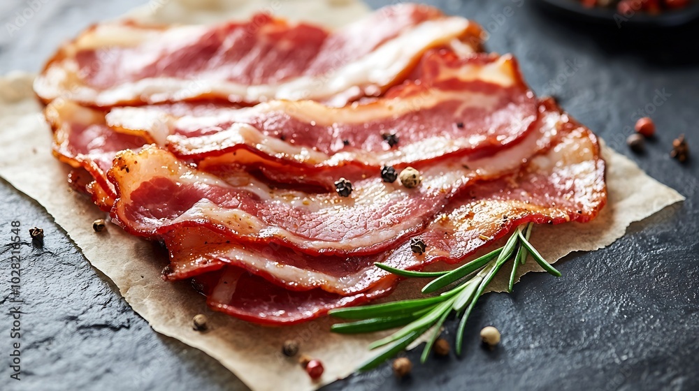 Poster Raw bacon with rosemary and spices slices on parchment paper Grey slate background Copy space Top view : Generative AI