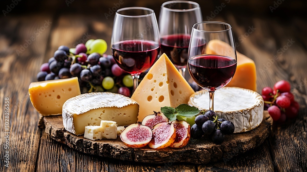 Poster assortment of cheese grapes with red wine in glasses stone and wood background close up copy space :