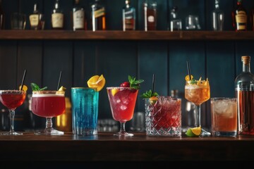 Colorful collection of various trendy cocktails displayed on bar. Each drink features unique garnishes and vibrant colors, creating inviting atmosphere for social gatherings